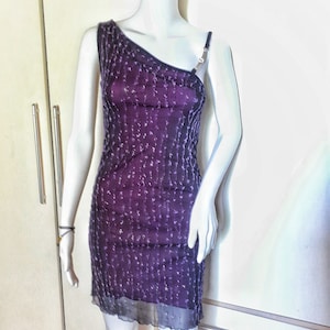 Vintage slip dress, one shoulder dress, small size, embroidered glossy slip dress 90s