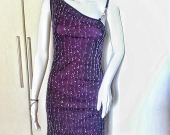 Vintage slip dress, one shoulder dress, small size, embroidered glossy slip dress 90s