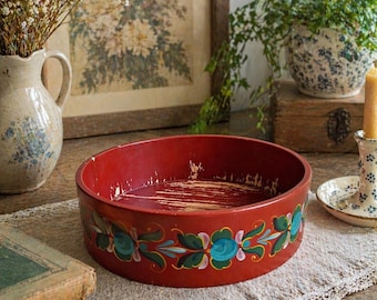 Vintage Hand Painted Wooden Bowl, Rustic Folk Art Decor, Red Distressed Wood Bowl, Cottagecore Kitchen, Wabi Sabi Home Accent