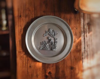 Vintage Pewter Wall Plate, Rustic Farm Scene Relief, Mid Century European Decor