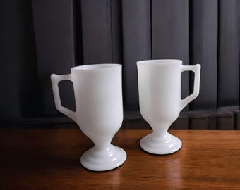 Vintage milk glass footed cup set of 2,  Irish coffee footed mugs