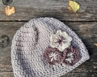 Boho Crochet Gray Hat With Flowers - Etsy display picture 1