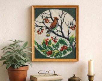 Vintage Bird Needlepoint Wall Art, Framed Woodland Embroidery, Rustic Nature Decor Scandinavian Style Folk Art
