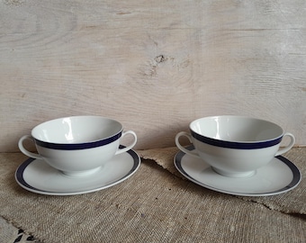 Vintage Winterling Bavaria Bouillon Cups Set, Echt Kobalt Blue Rim Soup Bowls with Handles, Little Treat