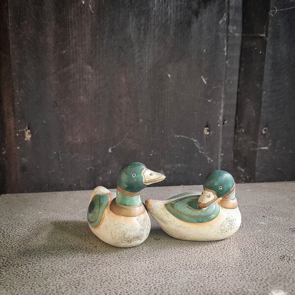 Vintage ceramic duck pair of  rustic farmhouse duck decor clay bird figurine