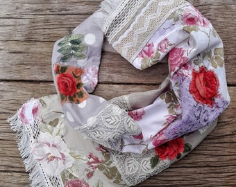 Boho patchwork scarf, upcycled scarf shabby chic OOAK