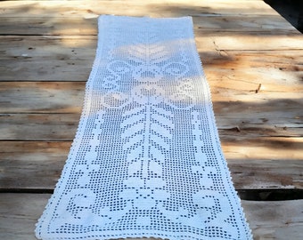 Vintage white crochet table runner, handmade cotton tablecloth, farmhouse decor shabby chic