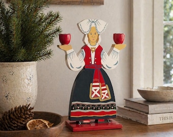 Vintage IKEA Wooden Candle Holder, Scandinavian Folk Art Girl, Dutch Style Decor, Nordic Home Accent, 1990s