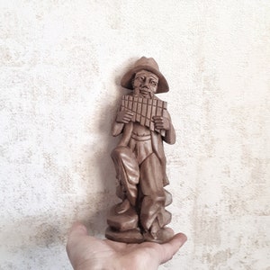 Vintage wooden man figurine, hand carved wood statue old man playing music