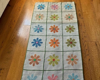 Vintage Hand Embroidered Wool Rug,   Scandinavian Folk Style Runner, Colorful Boho Floor Mat