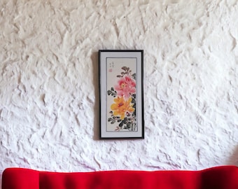 Signed Japanese Watercolor Peony Painting, Framed Floral Art