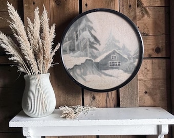 Vintage Swedish Winter Embroidery Wall Art, Round Framed Needlepoint, Scandinavian Cabin Landscape