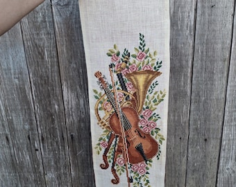 Vintage Needlepoint Wall Hanging, Musical Instruments Tapestry, Brass Frame Textile Art, Violin & Horn Embroidery