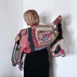 Handmade crochet patchwork scarf, chunky freeform crochet wrap OOAK accessory artsy scarf