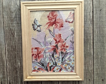 Vintage Floral Needlepoint Wall Art, Framed Embroidery with Butterflies, Cottagecore Decor