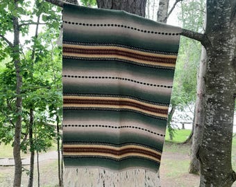 Vintage scandinavian table runner, green wool ethnic placemat, folk table decor, vintage woven table linen