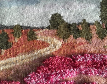 Vintage Swedish Woven Wool Tapestry Landscape, Framed Textile A Art - Pink Heather Field
