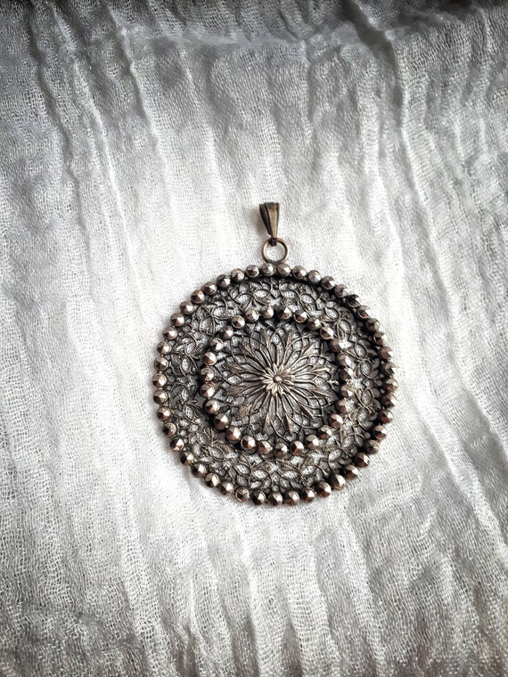 Vintage Czech Rhinestone Necklace, Round Metal Filigree