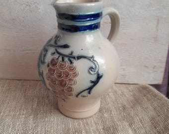 Vintage German Salt Glazed Stoneware Jug 0.5L, Blue Grapes Relief Pitcher, Rustic Farmhouse Decor