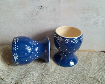 Vintage Blue Ceramic Espresso Cups Set of 2 Folk Style Small Cups Rustic Kitchen Decor
