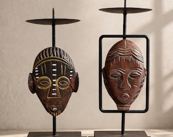 Vintage African Mask Candle Holders Set, Tribal Style Decor, Wood & Metal Candlesticks, Primitive Home Decor