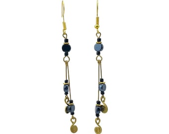 African Maasai Black Bead Handmade Brass Wire Rod and Coil Earrings
