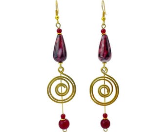 African Handmade Hammered Brass Wire Coil Red Tear Drop Bead Earrings