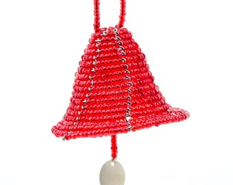 Red Handmade African Maasai Bead Christmas Tree Bell Ornament