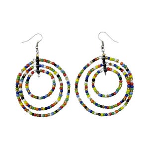 May include: A pair of colorful beaded hoop earrings with three layers of beads in shades of red, orange, yellow, green, blue, black, and white.