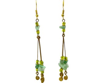African Green Aventurine Gemstone Handmade Brass Wire Coil Earrings