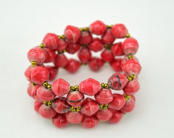 Recycled Red Paper Bead Elastic Bracelet