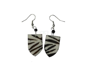 Maasai African Earrings - Zebra Print Mudcloth Batik Bone Earrings