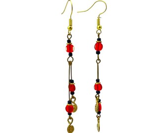 African Maasai Red Bead Handmade Brass Wire Rod and Coil Earrings