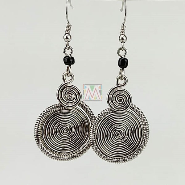 African Kenya Jewelry Silver Wire Two Spirals Earrings 636-25