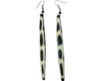Handmade African Mudcloth Batik Giraffe Print Extra Long Cow Bone Earrings