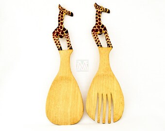 Kenya Handmade Giraffe wood Salad Server Set