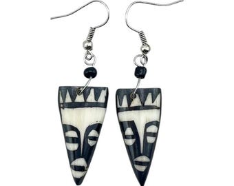 Handmade African Tribal Mask Batik Bone Earrings