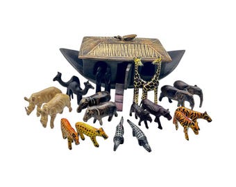 African Handmade Carved Noah's Ark With African Animals