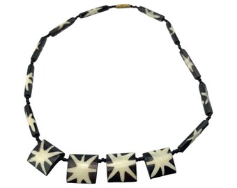 African Handmade Star Burst Batik Print Bone Bead Necklace Choker 15-46