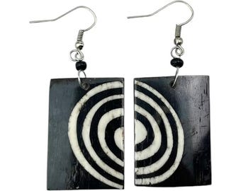 African Handmade Concentric Circles Batik Bone Rectangle Earrings
