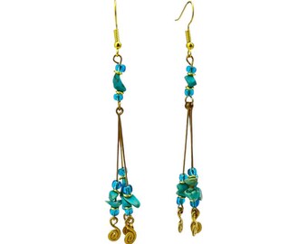 Turquoise Bead Handmade Brass Wire Rod Coil Earrings