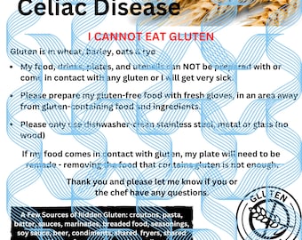 May include: A blue and white graphic with the text "Celiac Disease" and "I Cannot Eat Gluten". The graphic lists information about celiac disease and gluten-free diets. The graphic also includes a gluten-free symbol.