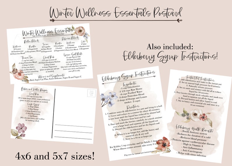 Elderberry 4x6 and 5x7 sized Winter Essential Oil Roller Blend Recipes Printable Winter Wellness Essential Postcard and Labels Set