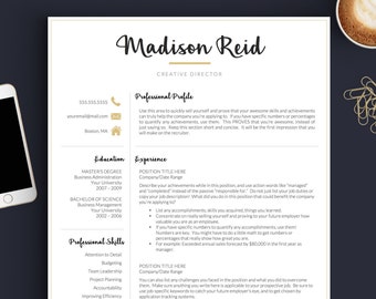 Modern Resume Template for Word & Pages | 1, 2 and 3 Page Resume + Cover Letter + Icons | Creative Black and Gold Resume Template |CV Resume