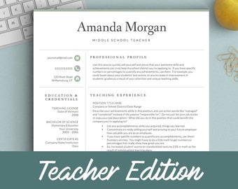 Teacher Resume Template | Educator Resume | 2 Page Teacher Resume Template + Free Cover Letter | Teacher Resume Template Instant Download