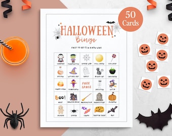 Halloween Bingo Printable Game for Kids & Adults | 50 Unique Cards, Classroom Party Game, Family Halloween Activity, Instant Download PDF