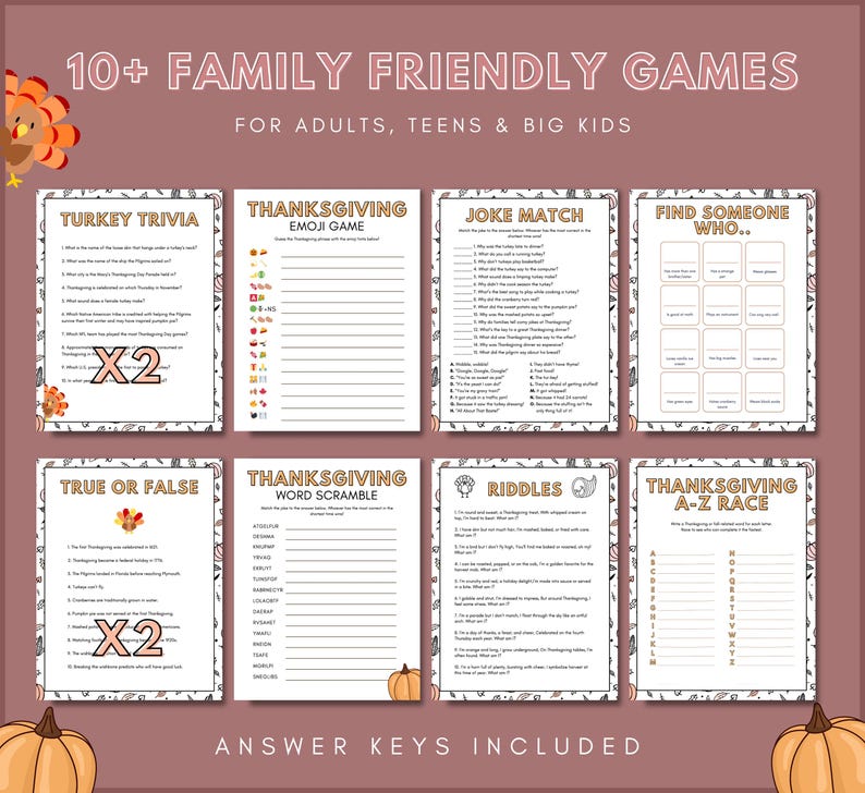 Printable Thanksgiving Games for Family Adults Teens Kids
