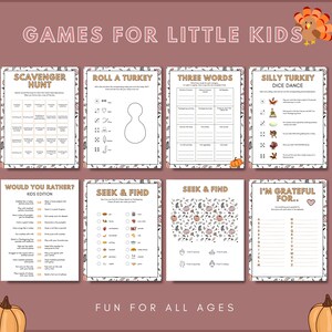 May include: A set of printable Thanksgiving games for kids. The games include a scavenger hunt, roll a turkey, three words, silly turkey dice dance, would you rather, seek and find, and I'm grateful for. The games are designed to be fun for all ages.