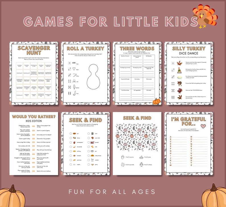 May include: A set of printable Thanksgiving games for kids. The games include a scavenger hunt, roll a turkey, three words, silly turkey dice dance, would you rather, seek and find, and I'm grateful for. The games are designed to be fun for all ages.