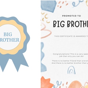 Regalo de Gran Hermano: Certificado e insignia imprimibles para un nuevo hermano mayor que da la bienvenida a un nuevo bebé.